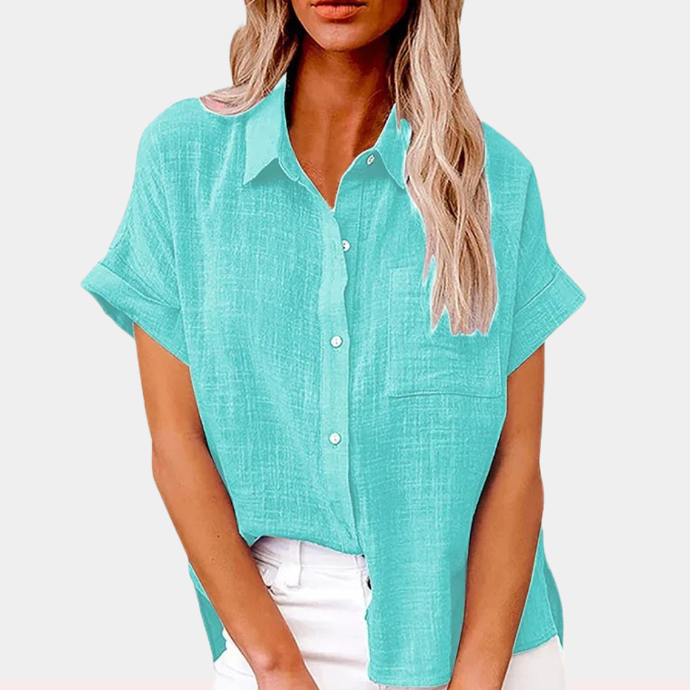 Camicia di lino donna estate – camicia a maniche corte con abbottonatura e taschino sul petto