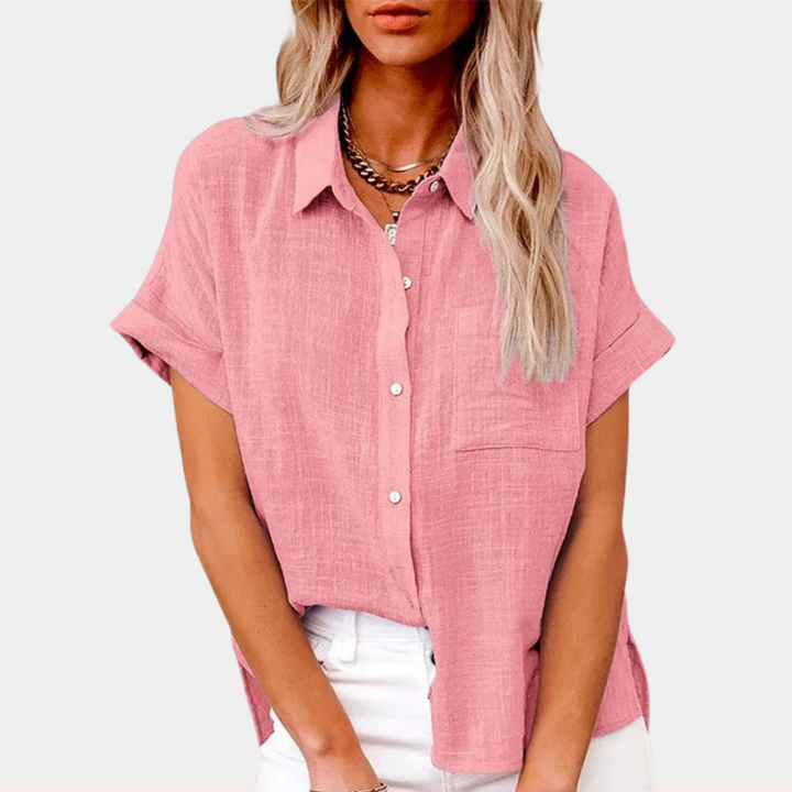 Camicia di lino donna estate – camicia a maniche corte con abbottonatura e taschino sul petto