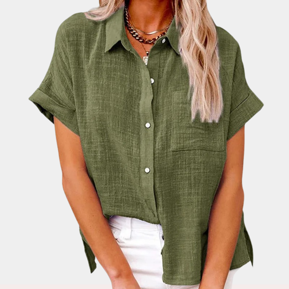 Camicia di lino donna estate – camicia a maniche corte con abbottonatura e taschino sul petto
