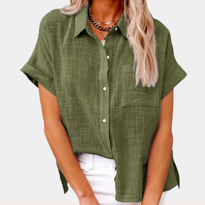 Camicia di lino donna estate – camicia a maniche corte con abbottonatura e taschino sul petto