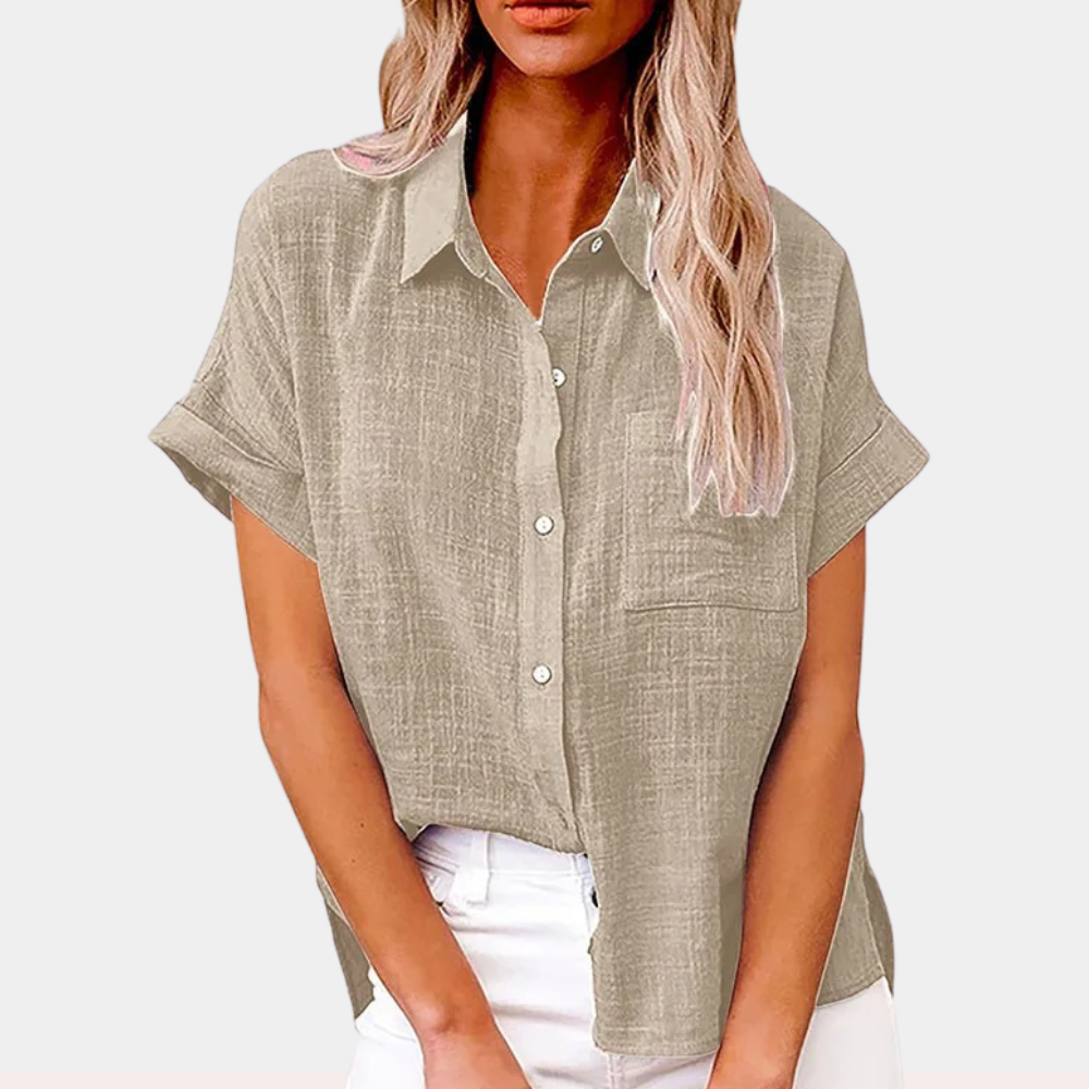 Camicia di lino donna estate – camicia a maniche corte con abbottonatura e taschino sul petto
