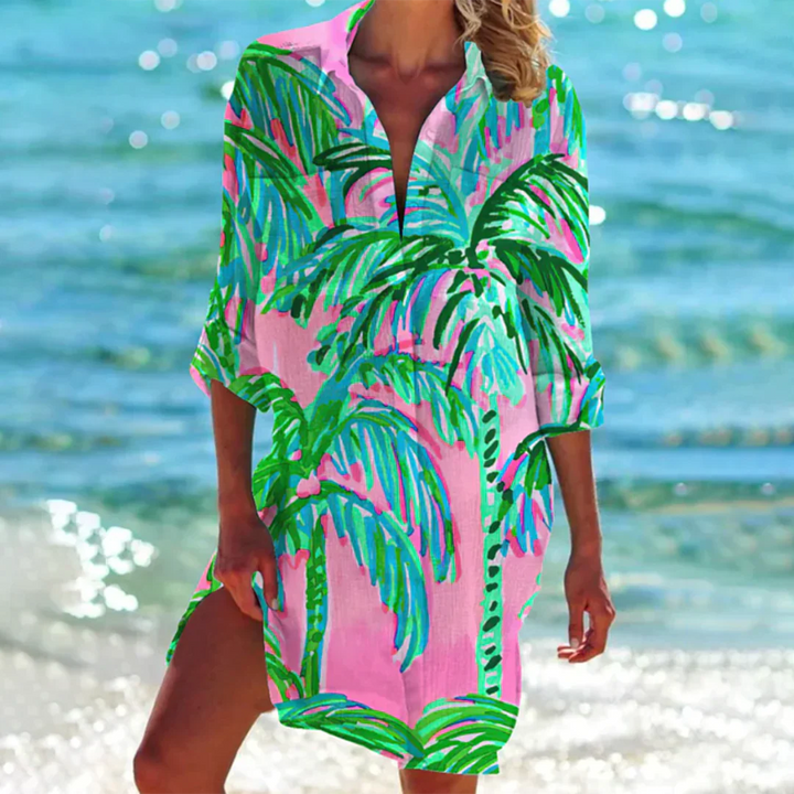 Vestito da spiaggia arioso con stampa marina e colletto a camicia – Perfetto come tunica da spiaggia o copricostume per estate & vacanze