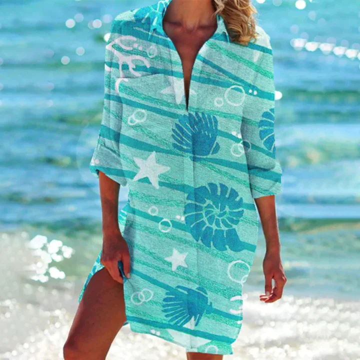 Vestito da spiaggia arioso con stampa marina e colletto a camicia – Perfetto come tunica da spiaggia o copricostume per estate & vacanze