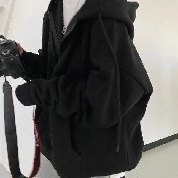 Veste de baseball surdimensionnée solide avec capuche et fermeture à glissière longue et ample