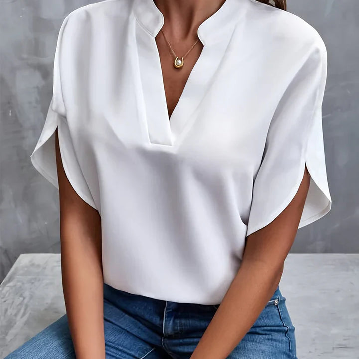Camicetta da donna con maniche a spacco e scollo a V – elegante maglietta a maniche corte per ufficio, vita quotidiana e outfit estivi