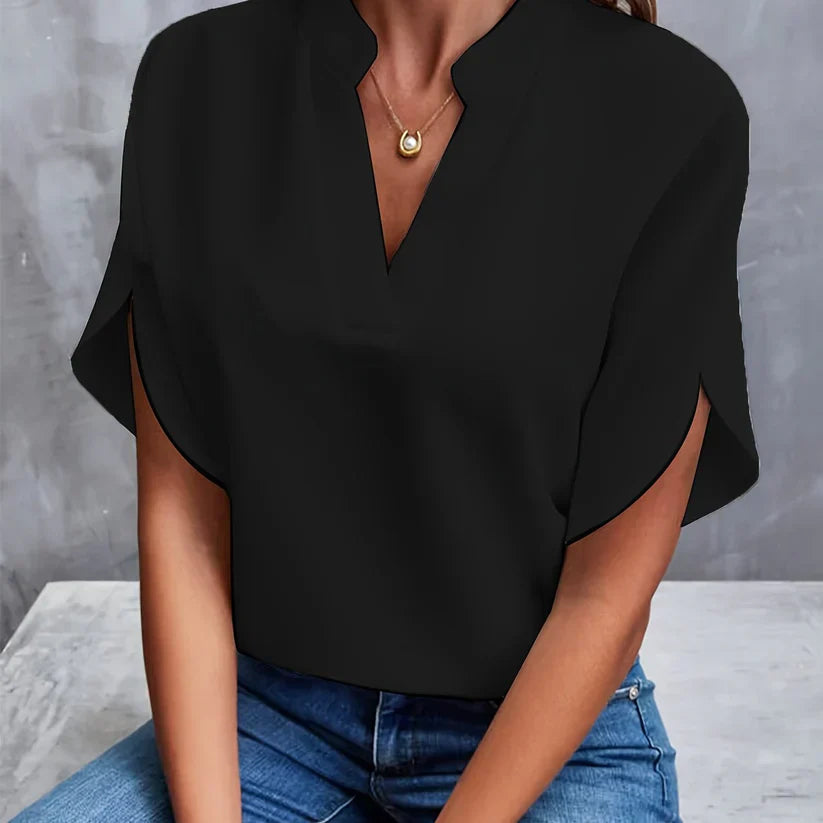 Camicetta da donna con maniche a spacco e scollo a V – elegante maglietta a maniche corte per ufficio, vita quotidiana e outfit estivi
