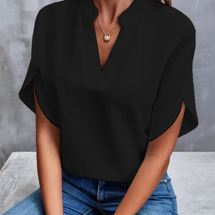 Camicetta da donna con maniche a spacco e scollo a V – elegante maglietta a maniche corte per ufficio, vita quotidiana e outfit estivi