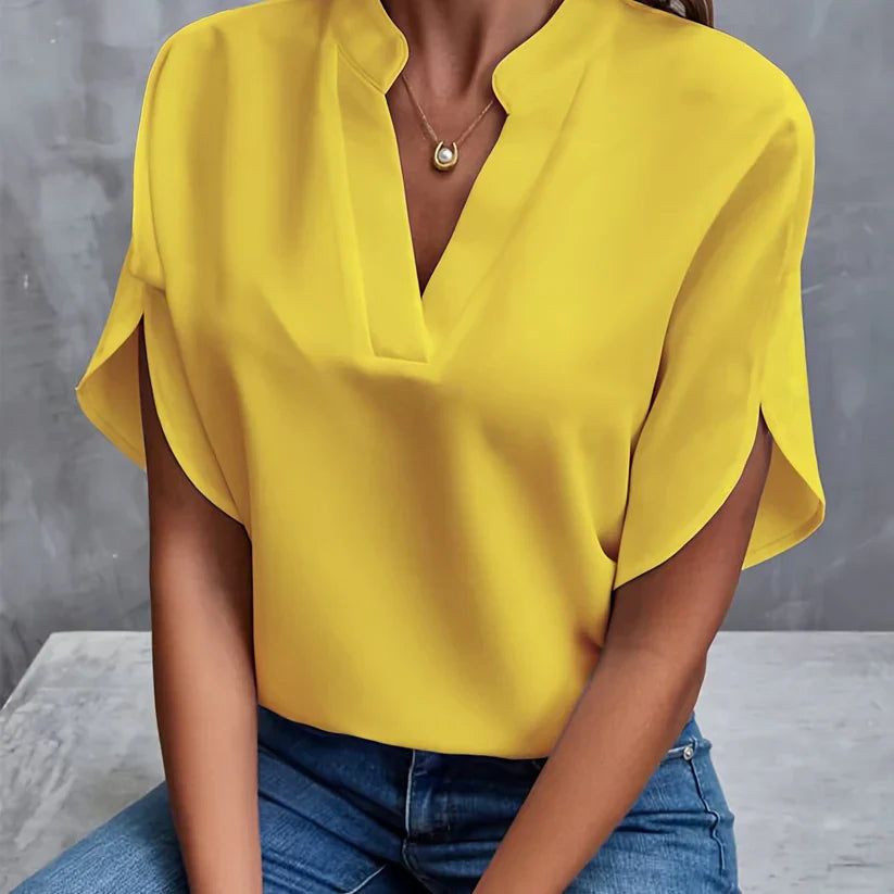 Camicetta da donna con maniche a spacco e scollo a V – elegante maglietta a maniche corte per ufficio, vita quotidiana e outfit estivi