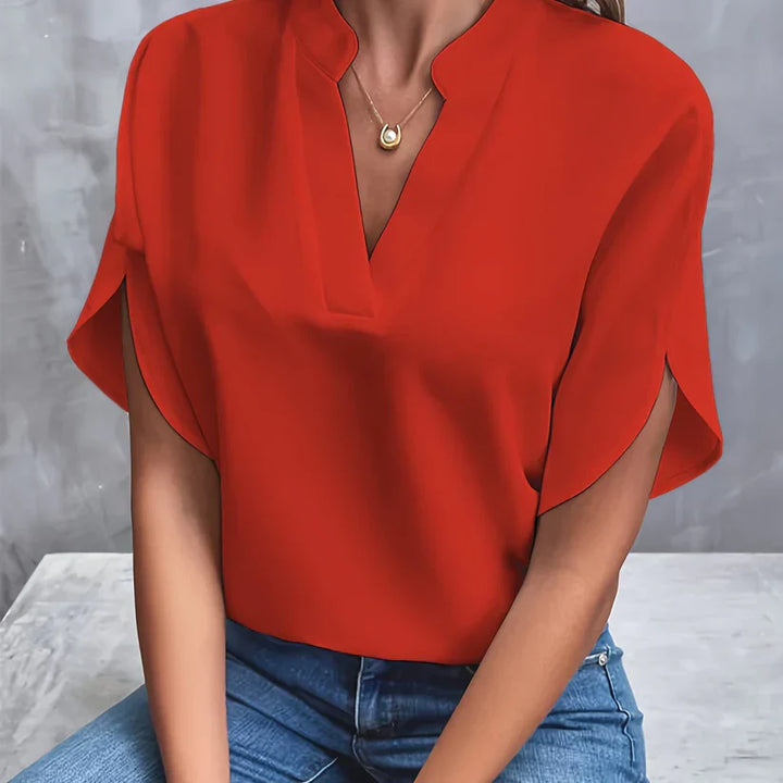 Camicetta da donna con maniche a spacco e scollo a V – elegante maglietta a maniche corte per ufficio, vita quotidiana e outfit estivi