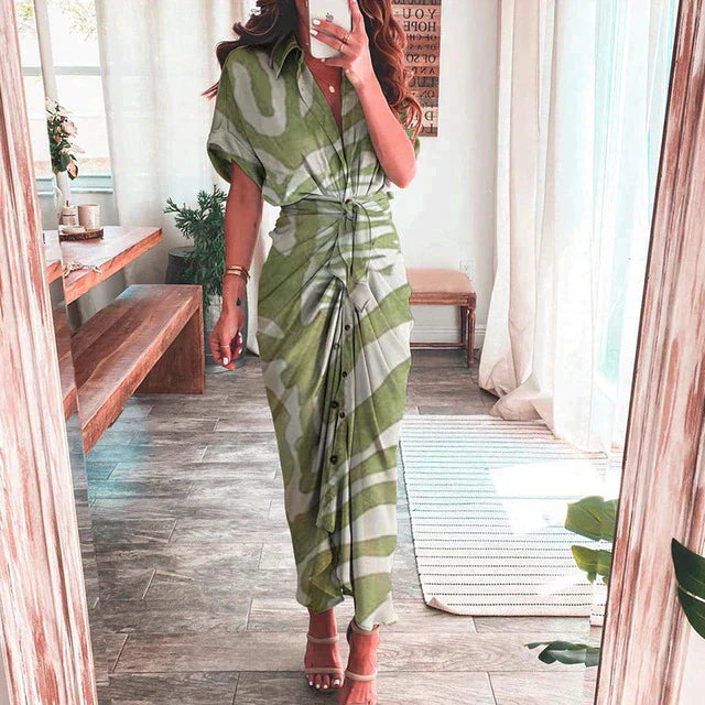 Abito avvolgente in stile camicia con nodo e motivo astratto – Look maxi elegante