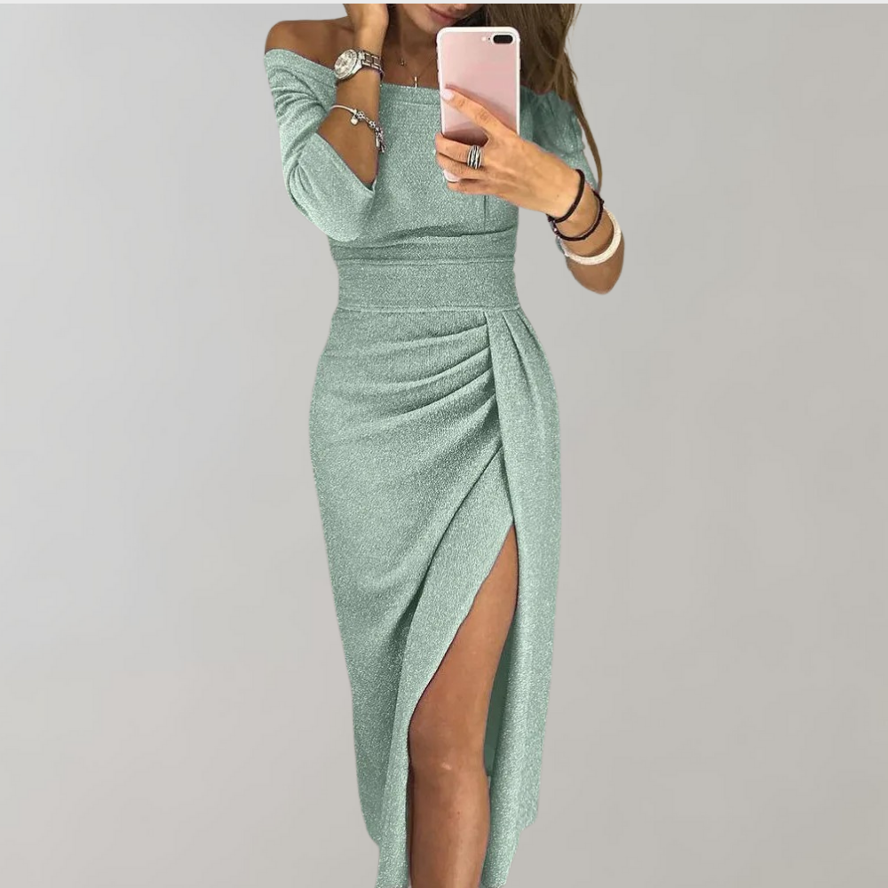 Elegante vestito da festa senza spalline con spacco sulla gamba – vestito midi aderente con effetto glitter per sera, cocktail e eventi