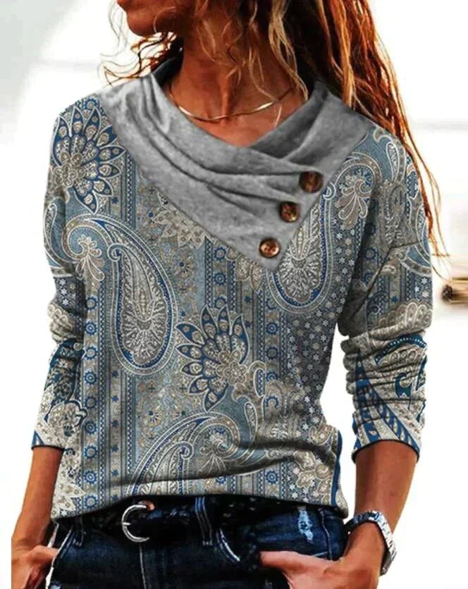 Pull-over à manches longues pour femmes avec motif bohème paisley et col châle