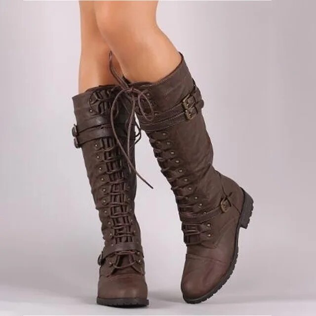 Bottes montantes à lacets pour femmes – Bottes de combat vintage avec boucles et talon bloc dans le style gothique steampunk