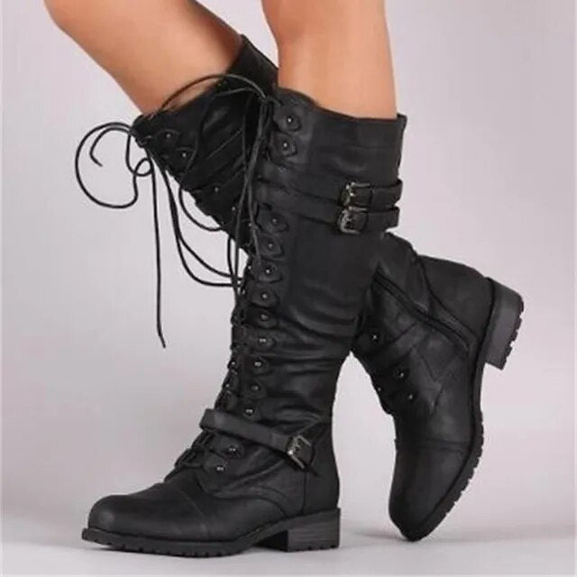 Bottes montantes à lacets pour femmes – Bottes de combat vintage avec boucles et talon bloc dans le style gothique steampunk