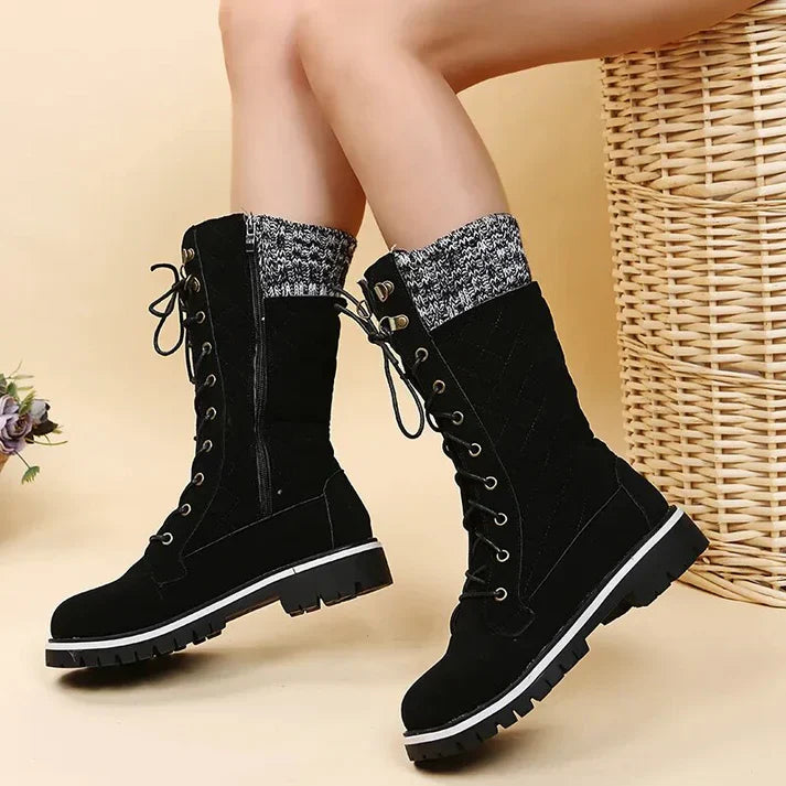 Bottes d'hiver doublées pour femmes avec lacets et fermeture éclair – Bottines chaudes avec bord en tricot et semelle profilée