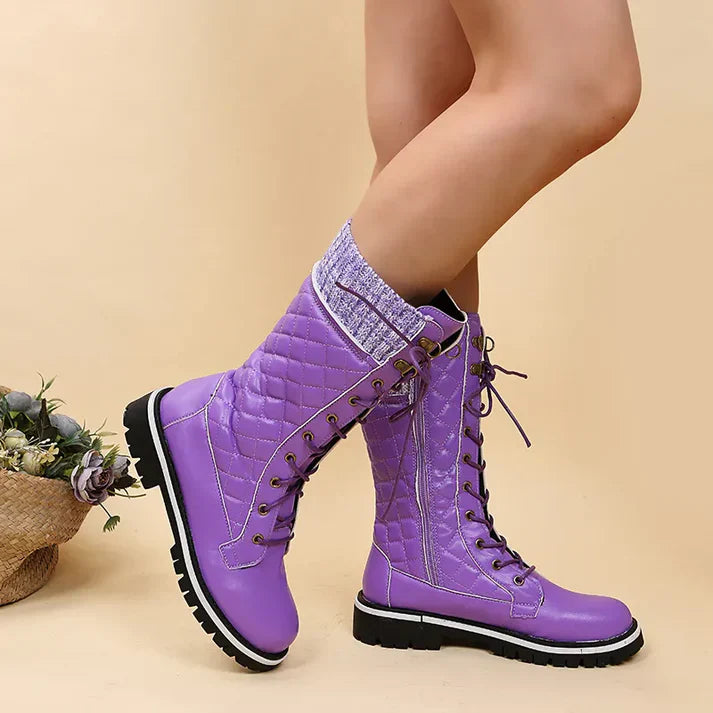 Bottes d'hiver doublées pour femmes avec lacets et fermeture éclair – Bottines chaudes avec bord en tricot et semelle profilée