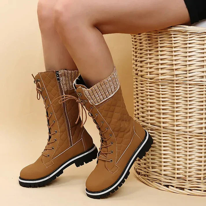 Bottes d'hiver doublées pour femmes avec lacets et fermeture éclair – Bottines chaudes avec bord en tricot et semelle profilée