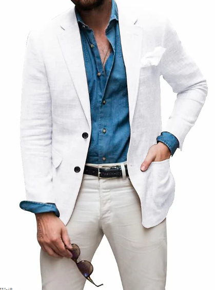 Jon - Blazer en lin pour hommes Plage Mariage Décontracté Coupe ajustée Couleur unie Simple boutonnage Deux boutons