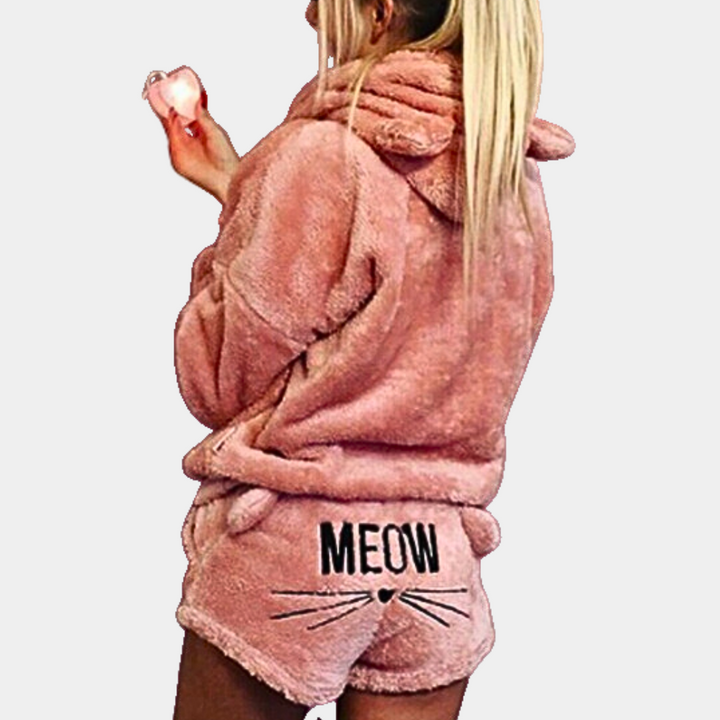 Morbido pigiama da donna con cappuccio e stampa "Meow" – Set due pezzi soffice per autunno e inverno