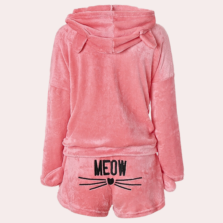 Morbido pigiama da donna con cappuccio e stampa "Meow" – Set due pezzi soffice per autunno e inverno