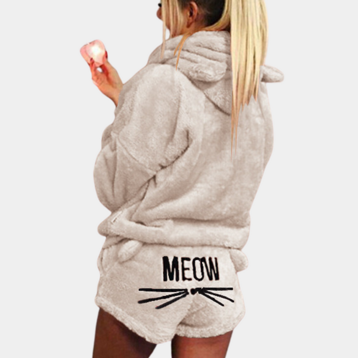 Morbido pigiama da donna con cappuccio e stampa "Meow" – Set due pezzi soffice per autunno e inverno