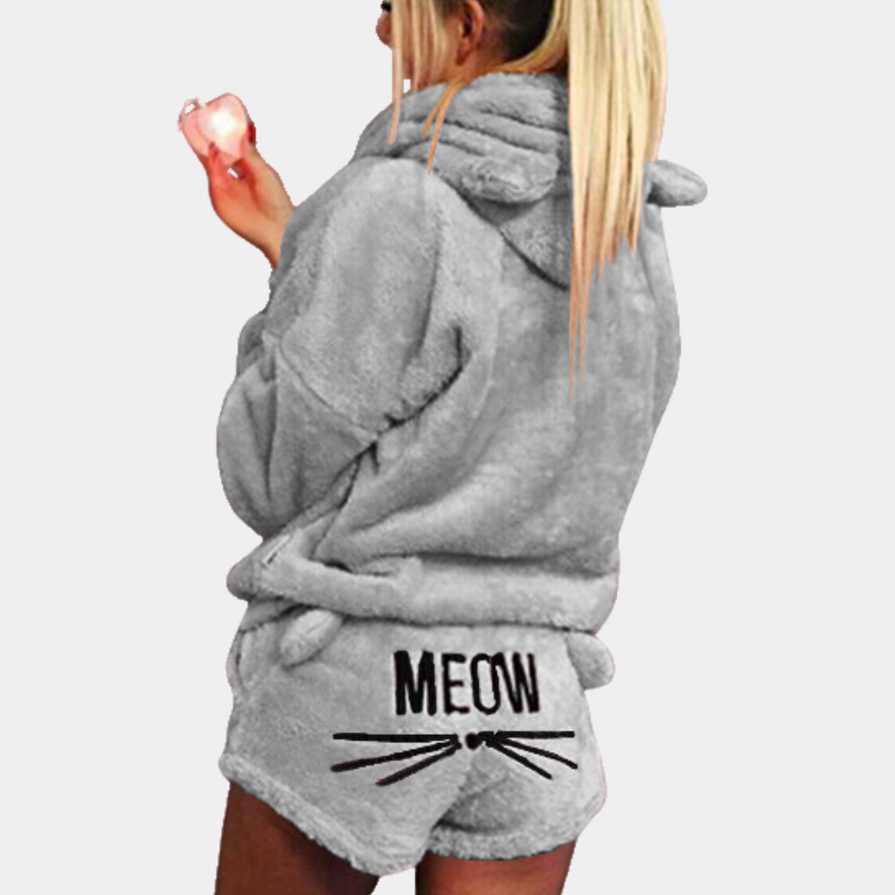 Morbido pigiama da donna con cappuccio e stampa "Meow" – Set due pezzi soffice per autunno e inverno