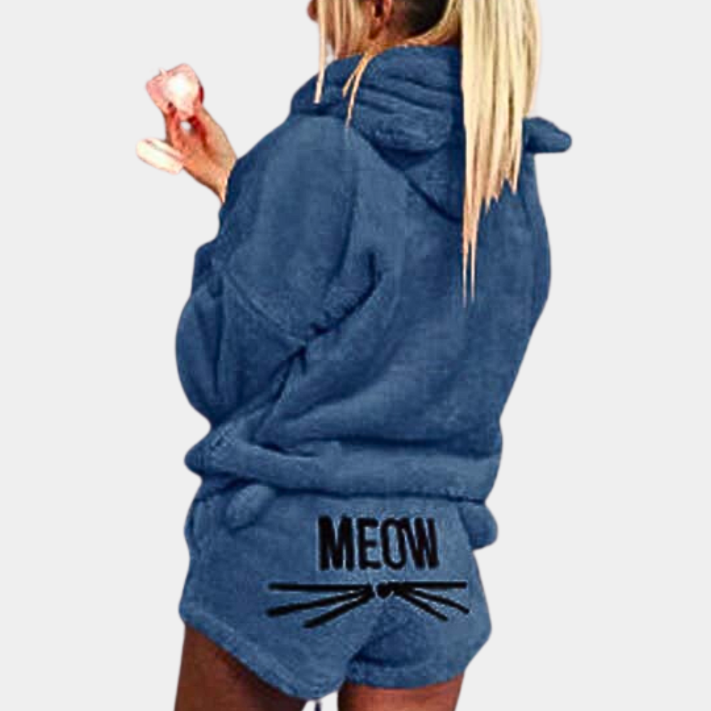 Morbido pigiama da donna con cappuccio e stampa "Meow" – Set due pezzi soffice per autunno e inverno