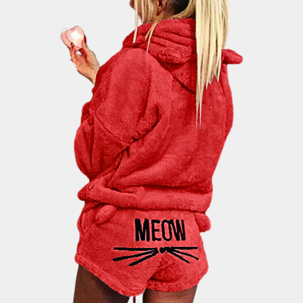 Morbido pigiama da donna con cappuccio e stampa "Meow" – Set due pezzi soffice per autunno e inverno