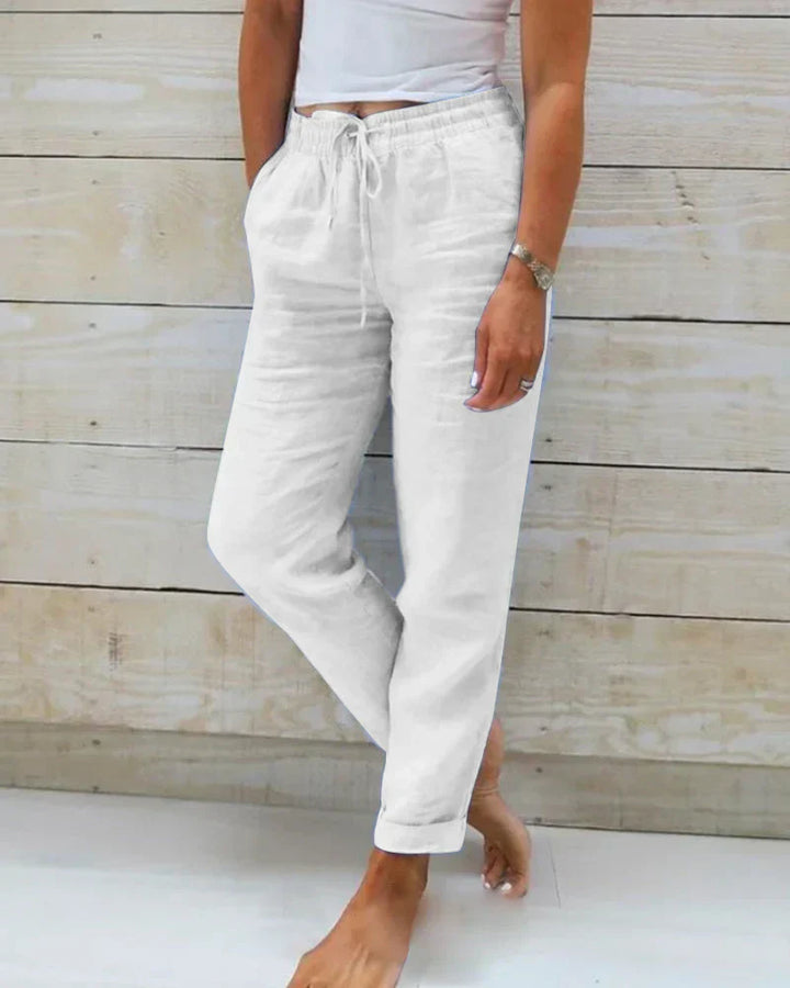 Rose - Pantalon avec ceinture élastique en coton et lin