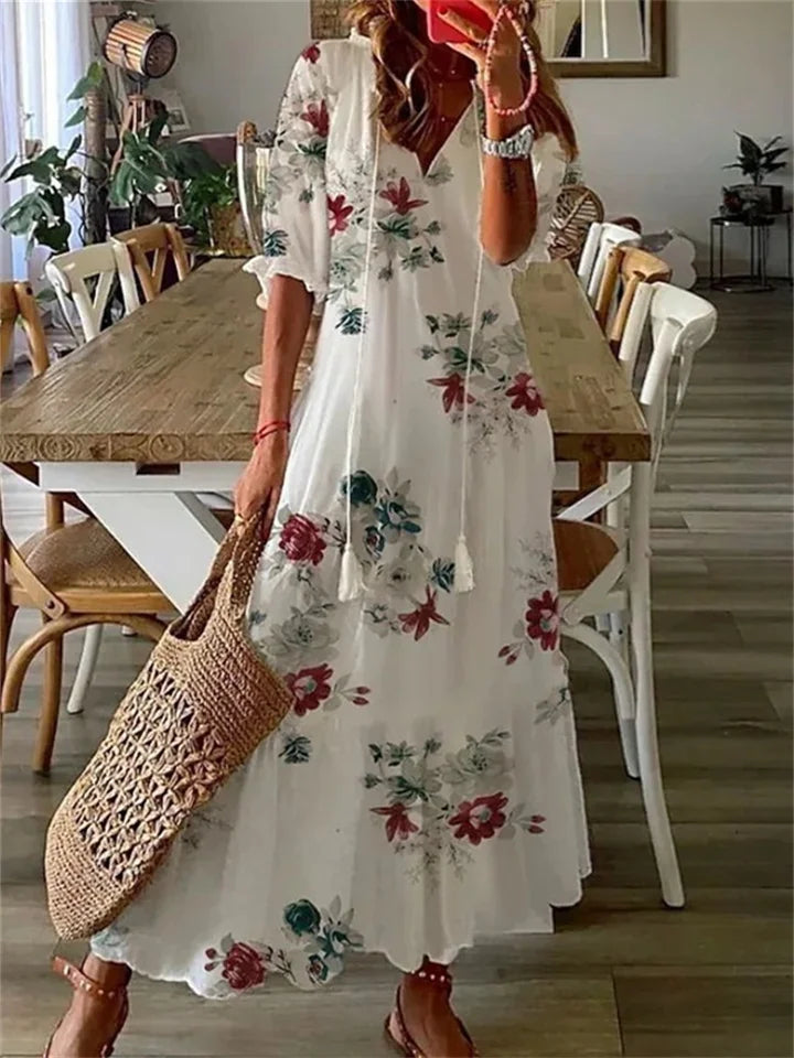 Boho Maxikleid Damen mit Blumendruck – Luftiges Sommerkleid mit V-Ausschnitt & 3/4 Ärmeln für Urlaub & Alltag