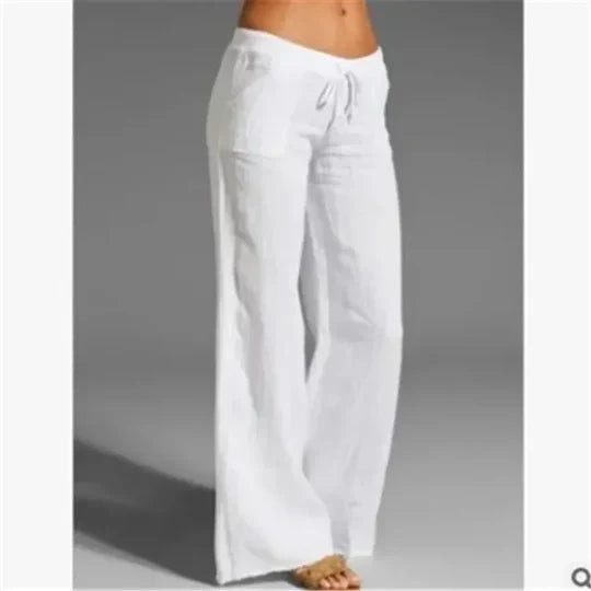 Pantalon en lin pour femmes à jambes larges – Pantalon d'été aéré avec cordon de serrage pour la plage, les vacances et le quotidien
