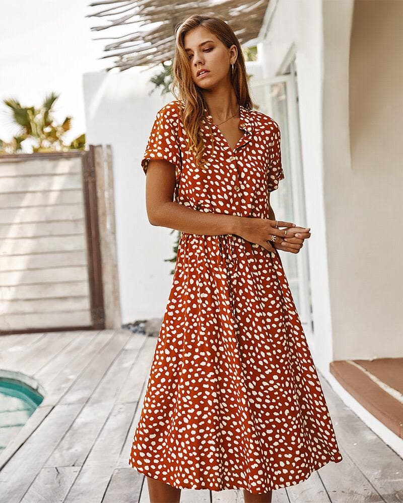 Robe Midi à Pois Savannah Breeze – Élégance Ludique et Confort Estival