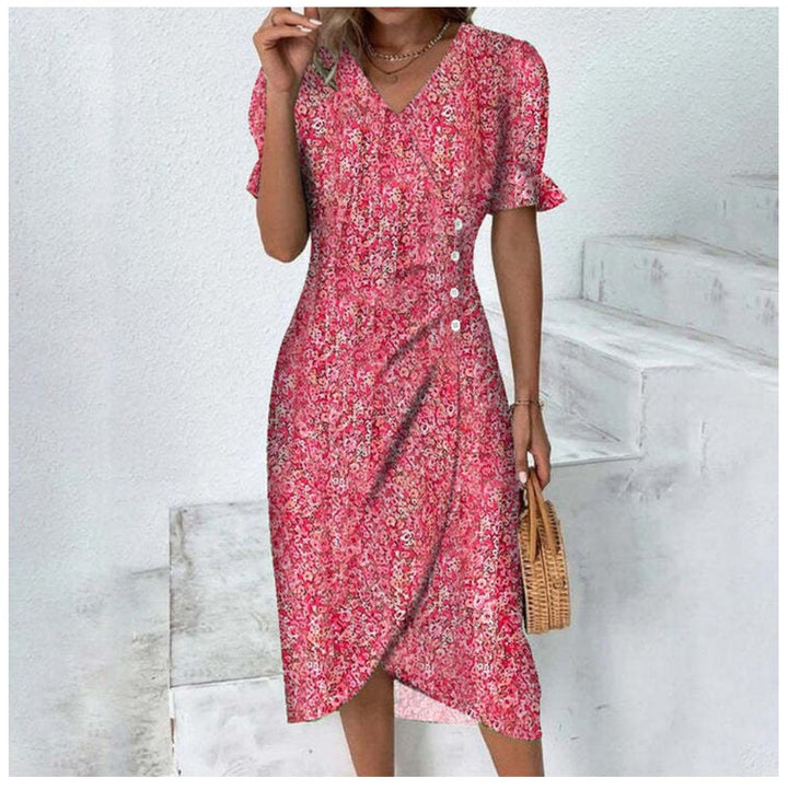 Vestito estivo con stampa floreale – Abito avvolgente da donna con scollo a V e maniche corte – Elegante abito casual con dettagli a bottoni