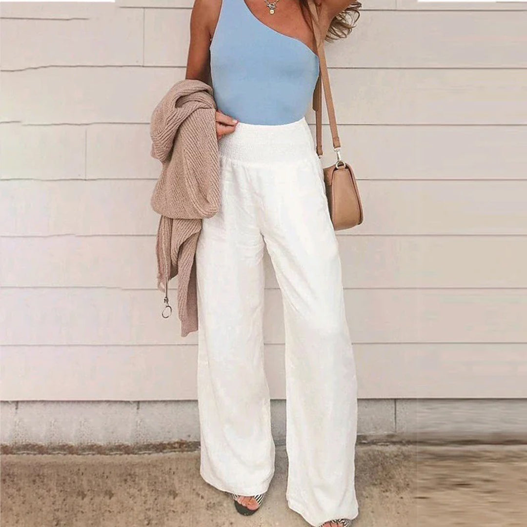 Pantalon d'été large pour femme avec ceinture élastique – Pantalon léger style lin pour vacances & quotidien