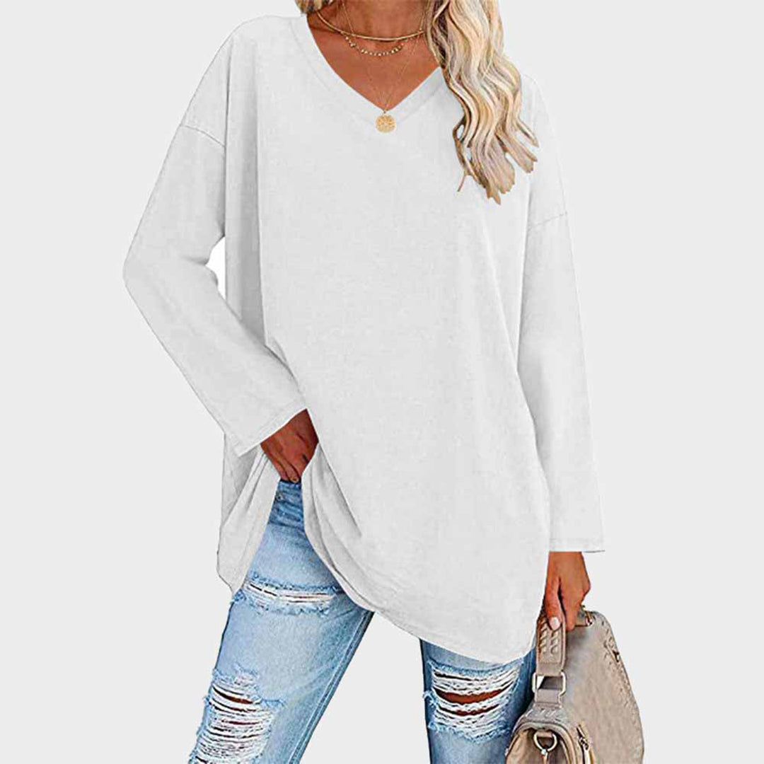 Maglia oversize da donna a manica lunga con scollo a V – Top basic casual a maniche lunghe
