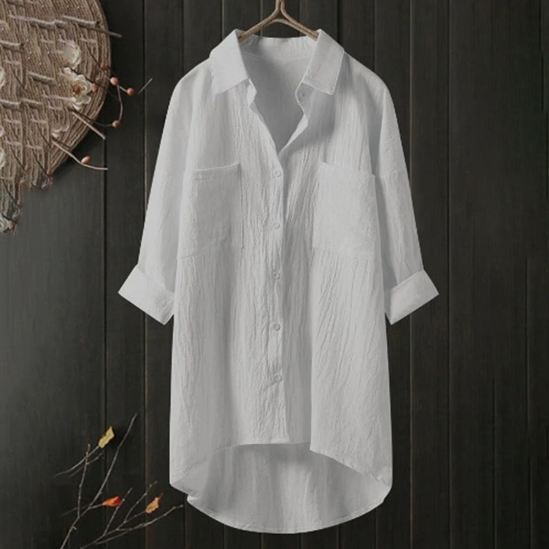 Camicia oversize da donna – Camicia di lino ampia con tasche sul petto e taglio asimmetrico