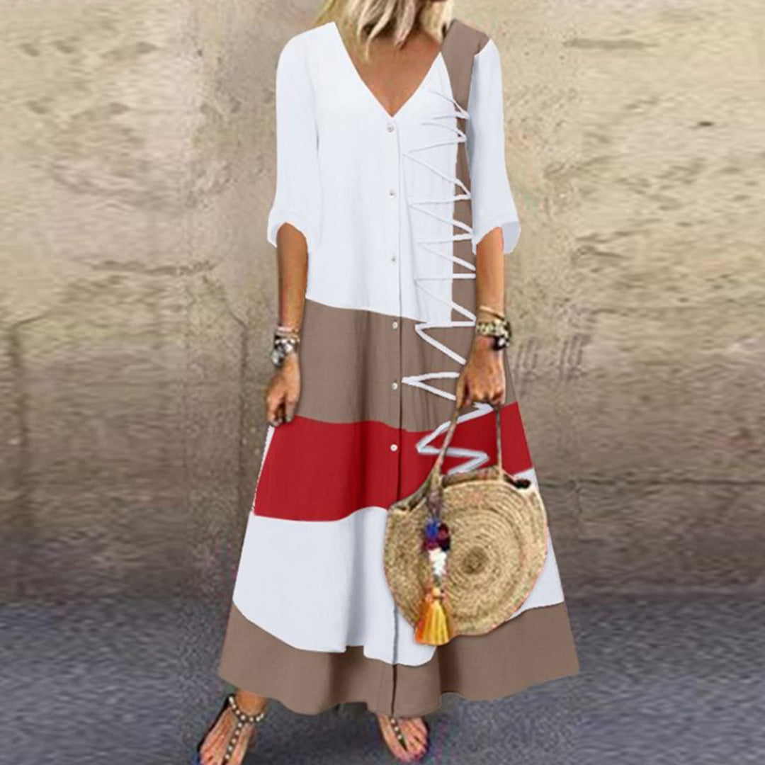Boho Maxikleid mit V-Ausschnitt & Knopfleiste – Gestreiftes Sommerkleid mit 3/4-Ärmeln für Damen