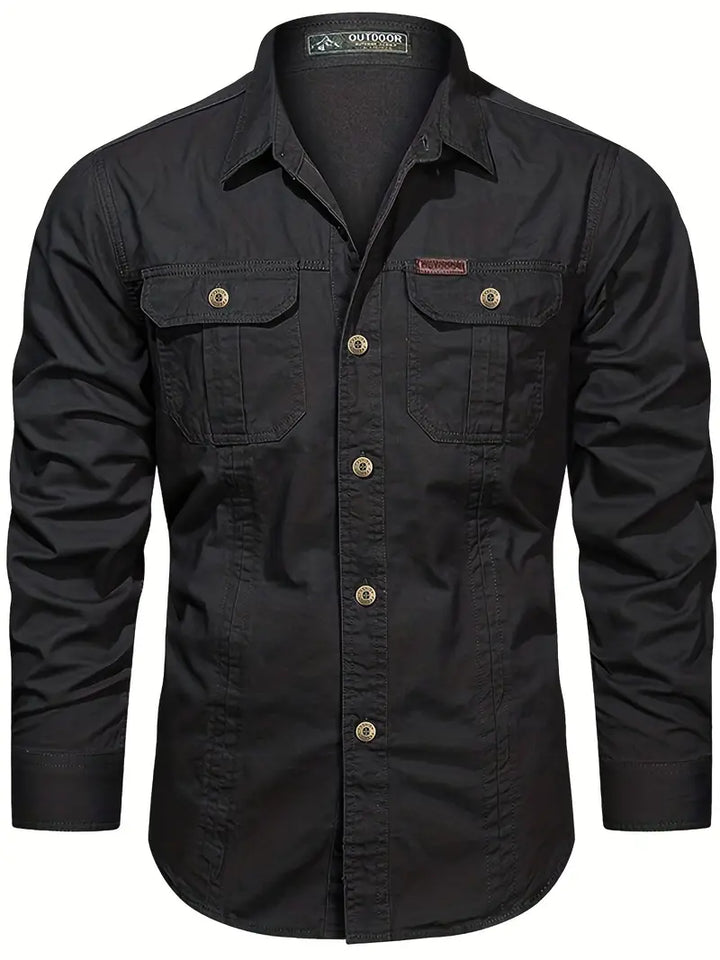 Chemise de plein air pour hommes – Chemise à manches longues robuste en coton avec poches poitrine et patte de boutonnage