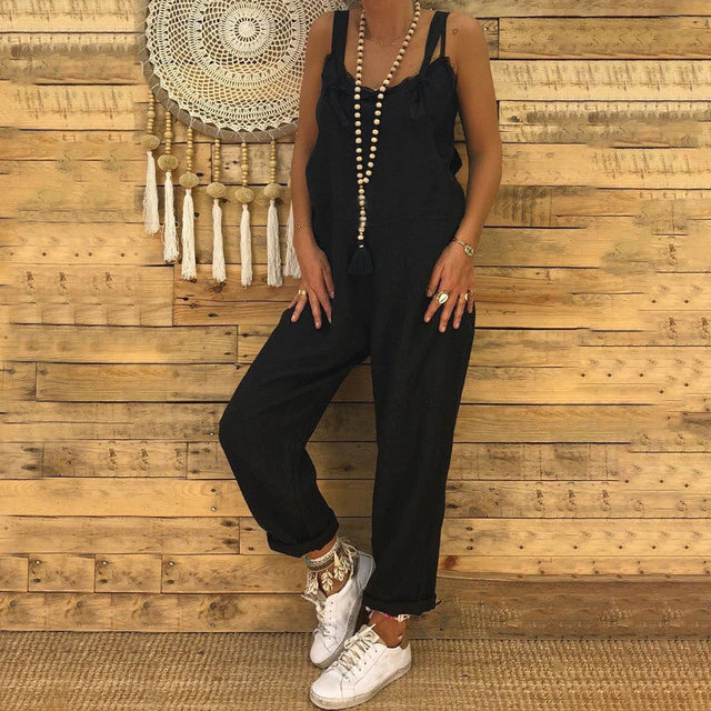 Damen Latzhose aus Leinen – Lockerer Sommer Jumpsuit mit weitem Bein im Boho-Stil
