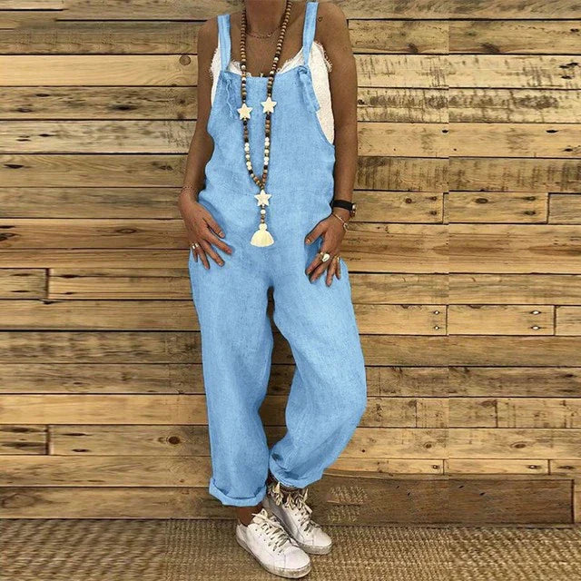 Damen Latzhose aus Leinen – Lockerer Sommer Jumpsuit mit weitem Bein im Boho-Stil