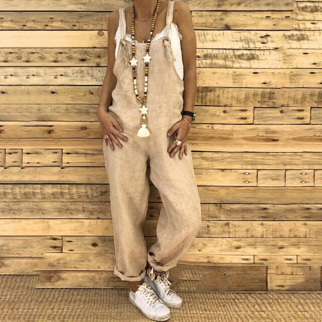 Damen Latzhose aus Leinen – Lockerer Sommer Jumpsuit mit weitem Bein im Boho-Stil