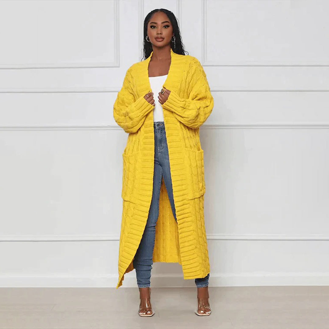 Cardigan long en maille pour femmes avec motif torsadé – Manteau oversize ouvert pour automne & hiver