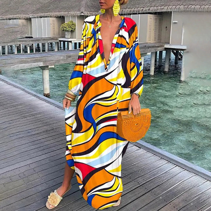 Kaftano Boho Abito lungo donna – Vestito estivo ampio con scollo a V profondo e motivo etnico