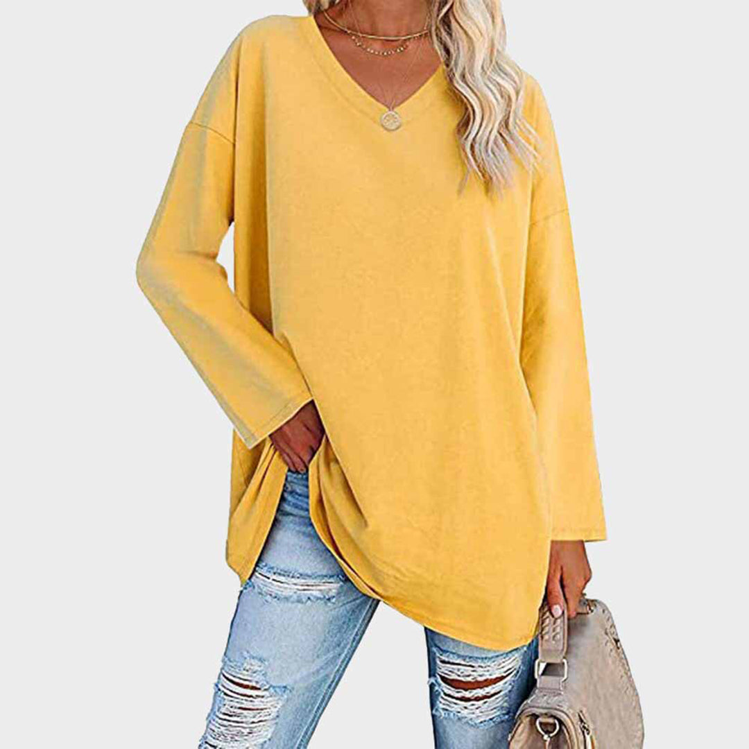 Maglia oversize da donna a manica lunga con scollo a V – Top basic casual a maniche lunghe