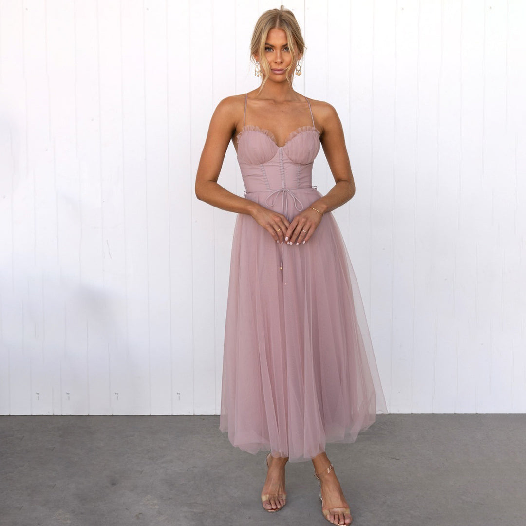 Elegante vestito in tulle da donna – vestito con spalline con corpetto a corsetto e gonna a linea A per sera ed eventi