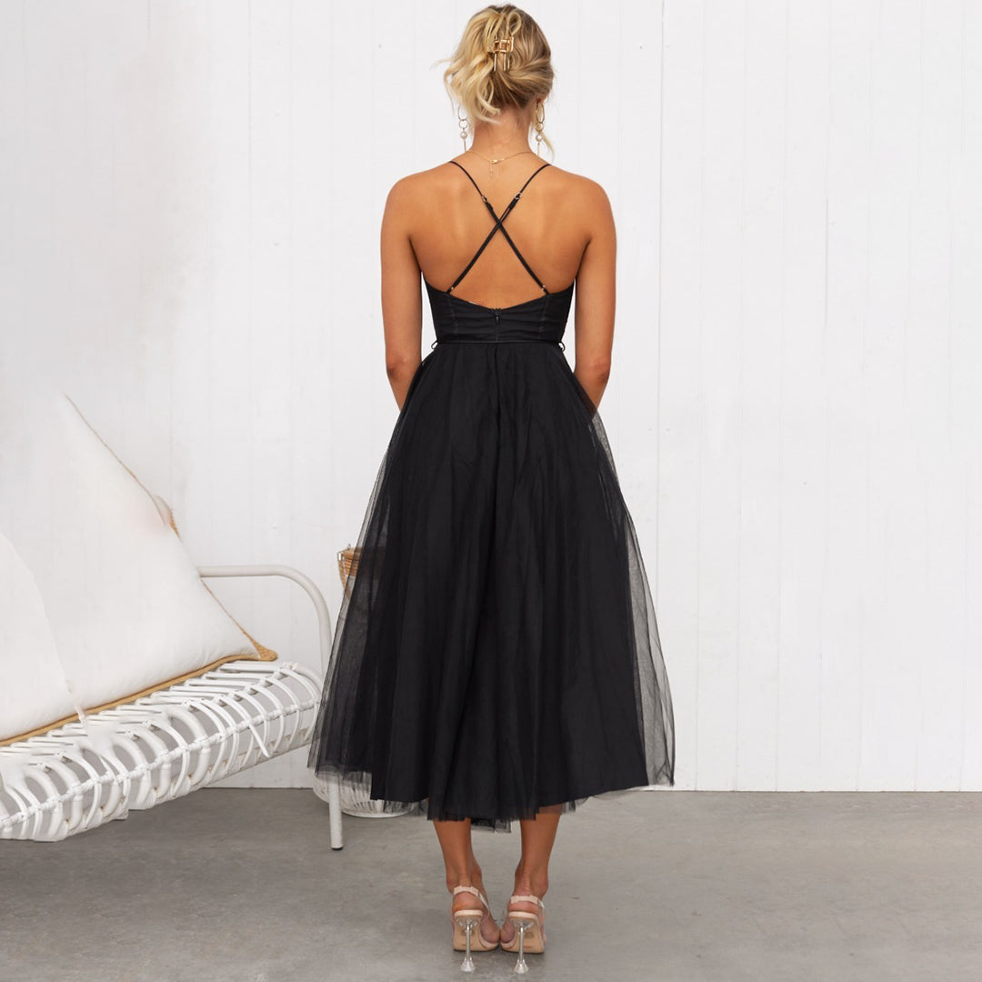 Elegante vestito in tulle da donna – vestito con spalline con corpetto a corsetto e gonna a linea A per sera ed eventi