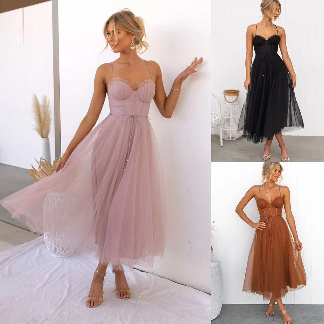 Elegante vestito in tulle da donna – vestito con spalline con corpetto a corsetto e gonna a linea A per sera ed eventi