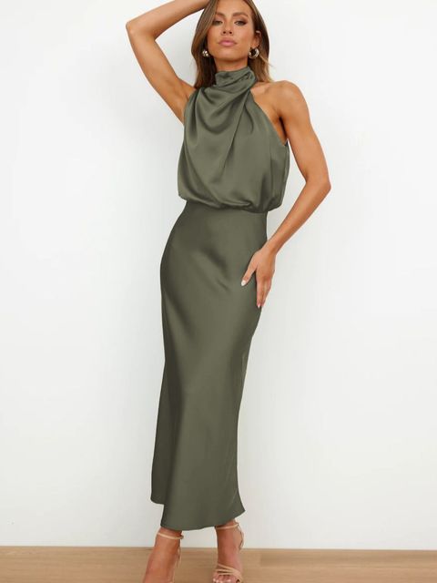 Elegante abito da sera in raso donna – abito lungo nero con collo alto e schiena scoperta per feste ed eventi