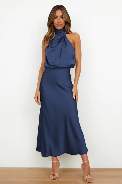 Elegante abito da sera in raso donna – abito lungo nero con collo alto e schiena scoperta per feste ed eventi