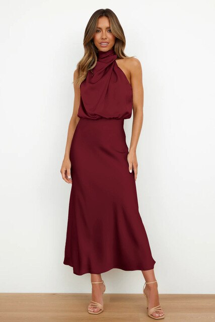 Elegante abito da sera in raso donna – abito lungo nero con collo alto e schiena scoperta per feste ed eventi